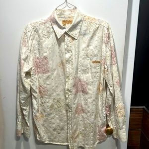 Get Lucky Large Button Down Long Sleeve Shirt. Red & Gray Floral Print.